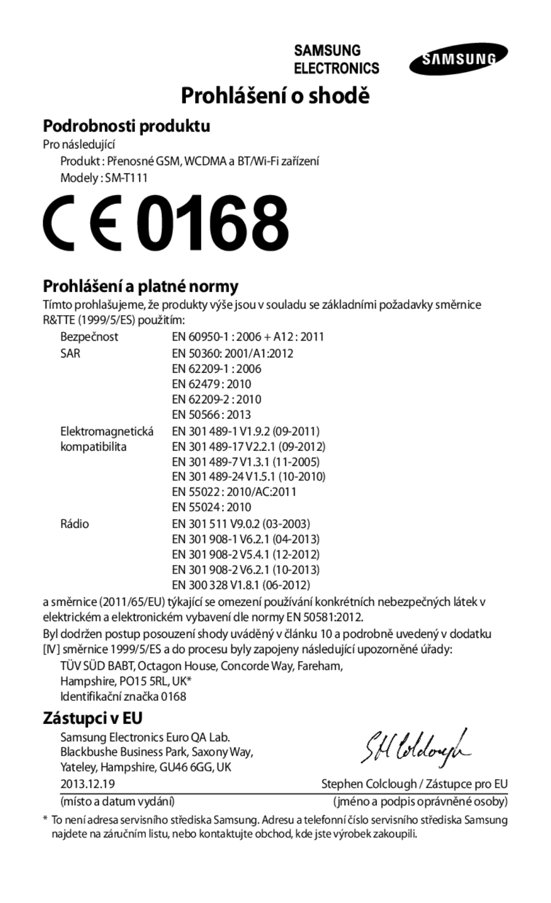 Samsung SM-T111NYKAXEZ, SM-T111NDWAEUR, SM2T111NDWATMH, SM-T111NDWAXEH, SM-T111NDWAXSK, SM-T111NDWAXEZ manual Prohlášení o shodě 