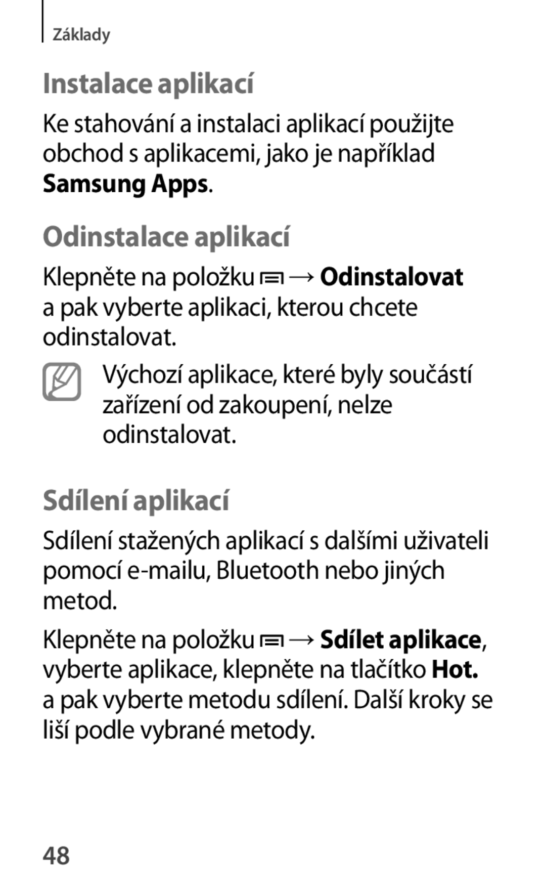 Samsung SM-T111NYKAXEZ, SM-T111NDWAEUR manual Instalace aplikací, Odinstalace aplikací, Sdílení aplikací, Samsung Apps 
