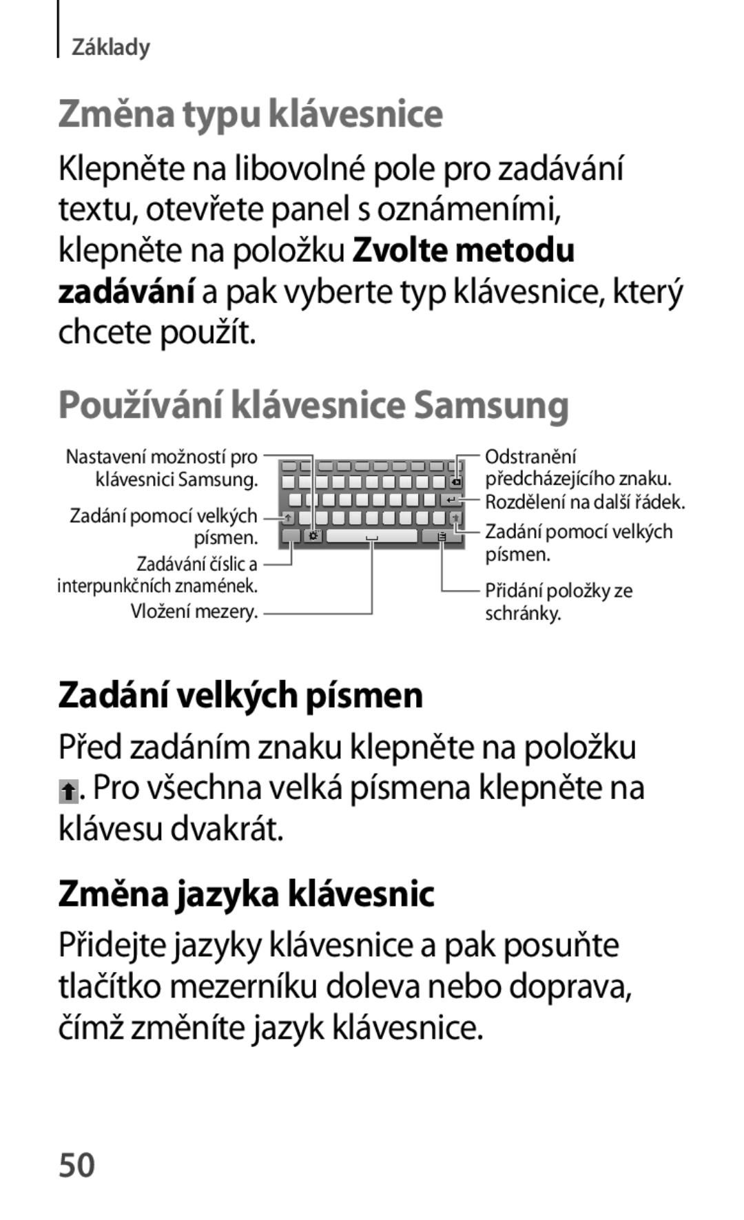 Samsung SM-T111NDWATMS Změna typu klávesnice, Používání klávesnice Samsung, Zadání velkých písmen, Změna jazyka klávesnic 