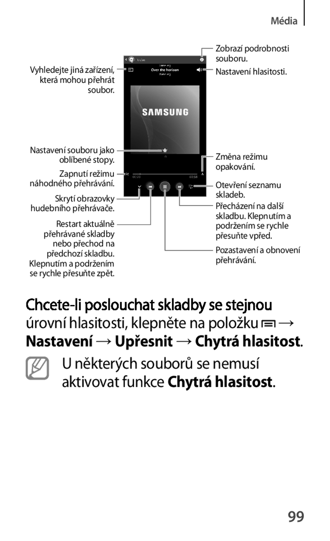 Samsung SM-T111NYKAXSK, SM-T111NDWAEUR, SM2T111NDWATMH, SM-T111NDWAXEH manual Nastavení →Upřesnit →Chytrá hlasitost, Média 