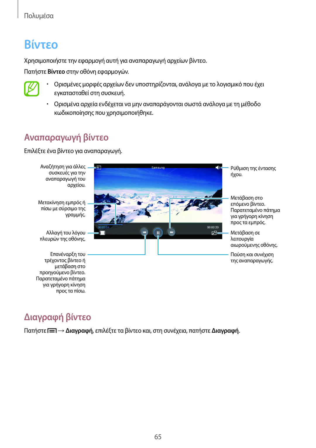 Samsung SM-T111NDWAEUR manual Βίντεο, Διαγραφή βίντεο 