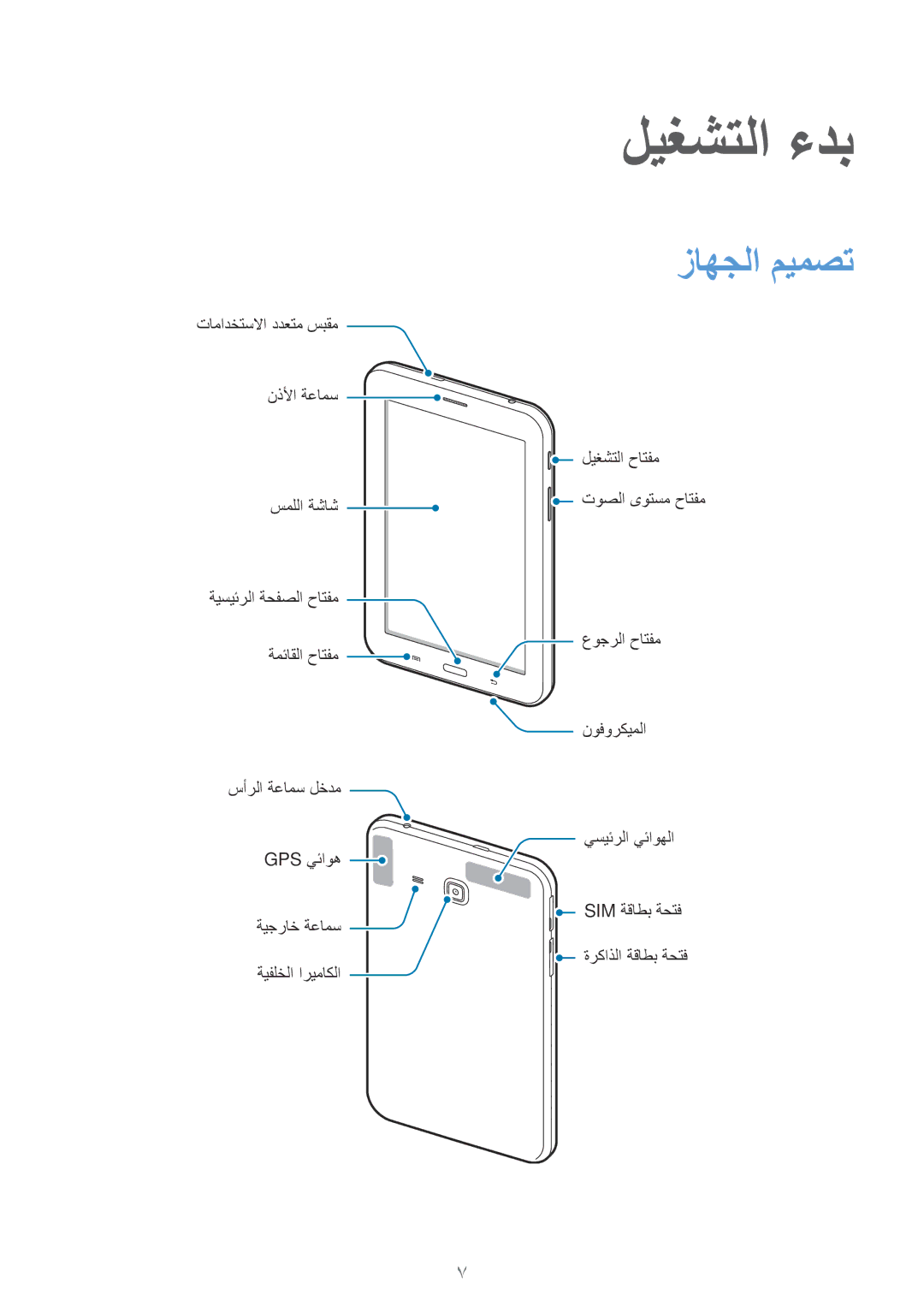 Samsung SM-T111NDWAKSA manual ليغشتلا ءدب, زاهجلا ميمصت 