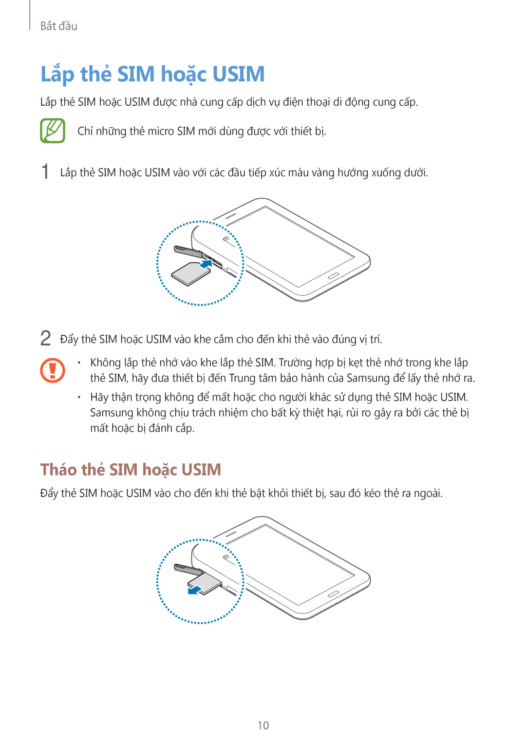 Samsung SM-T111NDWAXXV, SM-T111NYKAXXV, SM-T111NBGAXXV, SM-T111NPIAXXV manual Lắp thẻ SIM hoặc Usim, Tháo thẻ SIM hoặc Usim 