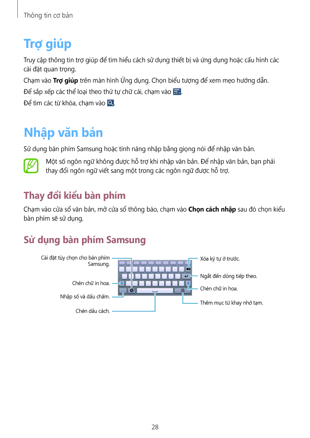 Samsung SM-T111NPIAXXV, SM-T111NDWAXXV manual Trợ giúp, Nhập văn bản, Thay đổ̉i kiểu bàn phím, Sử dụng bàn phím Samsung 