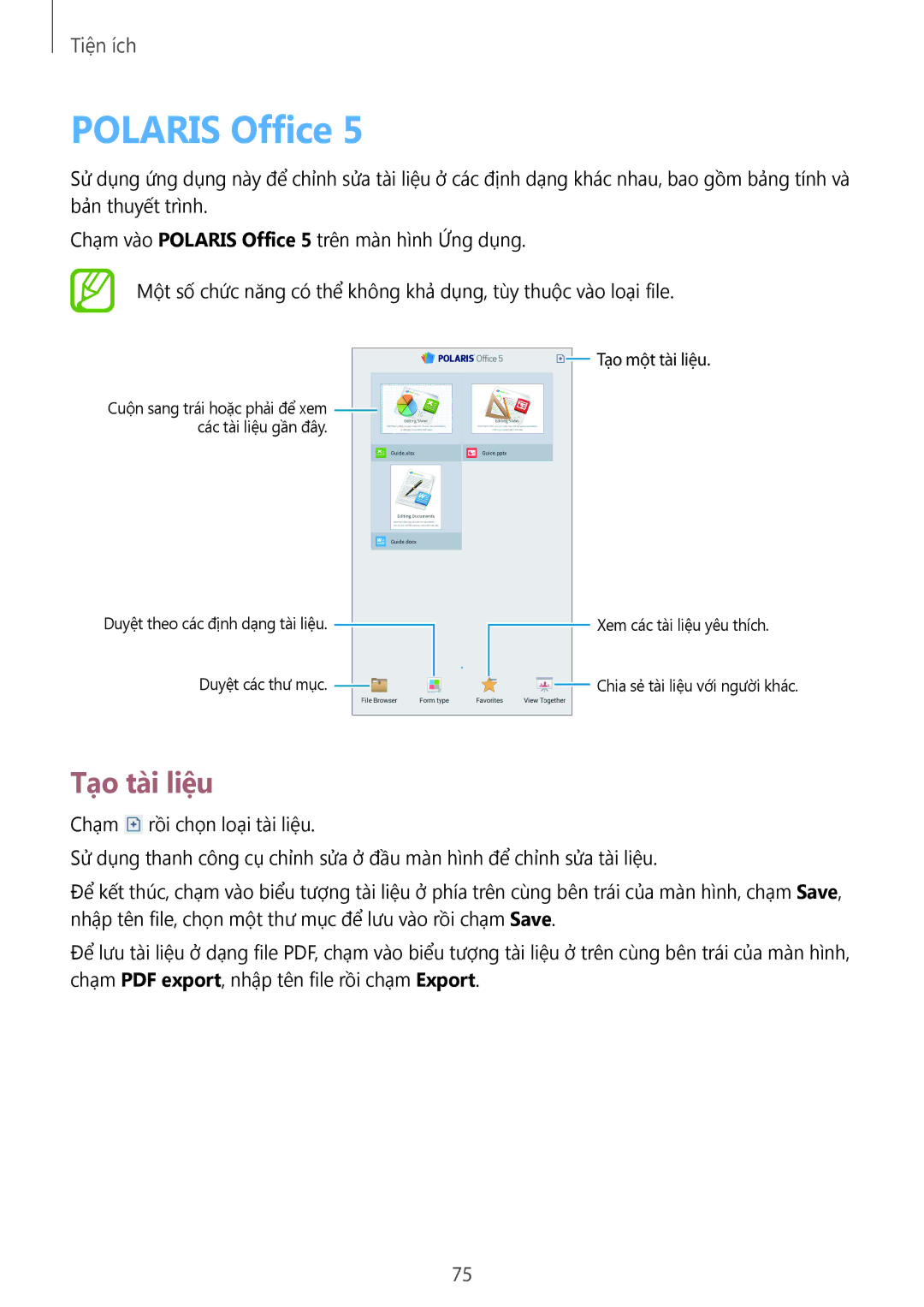 Samsung SM-T111NDWAXXV, SM-T111NYKAXXV, SM-T111NBGAXXV, SM-T111NPIAXXV, SM-T111NLYAXXV manual Polaris Office, Tạo tài liệu 