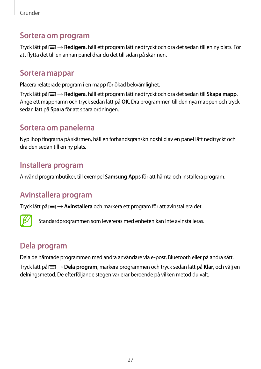 Samsung SM-T111NDWANEE manual Sortera om program, Sortera mappar, Installera program, Avinstallera program, Dela program 