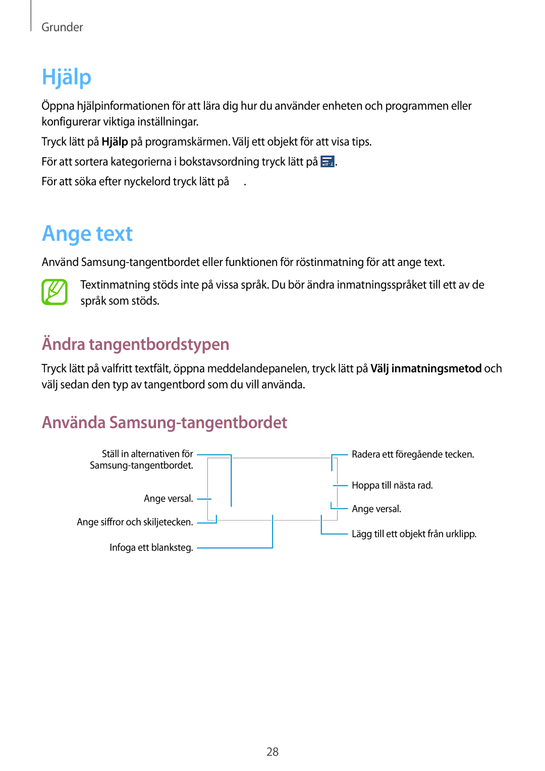 Samsung SM-T111NYKANEE, SM-T111NDWANEE manual Hjälp, Ange text, Ändra tangentbordstypen, Använda Samsung-tangentbordet 