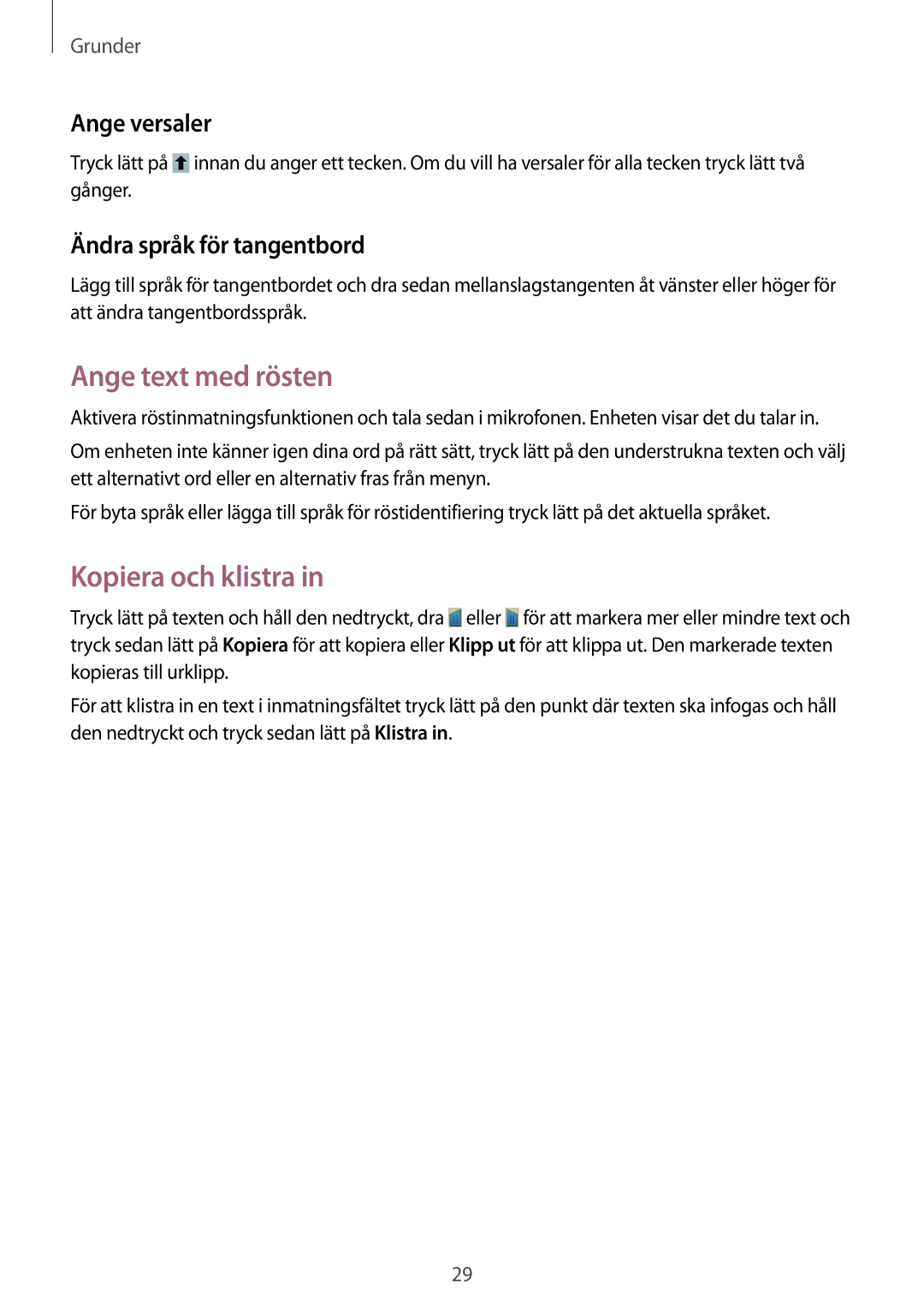 Samsung SM-T111NDWANEE manual Ange text med rösten, Kopiera och klistra, Ange versaler, Ändra språk för tangentbord 