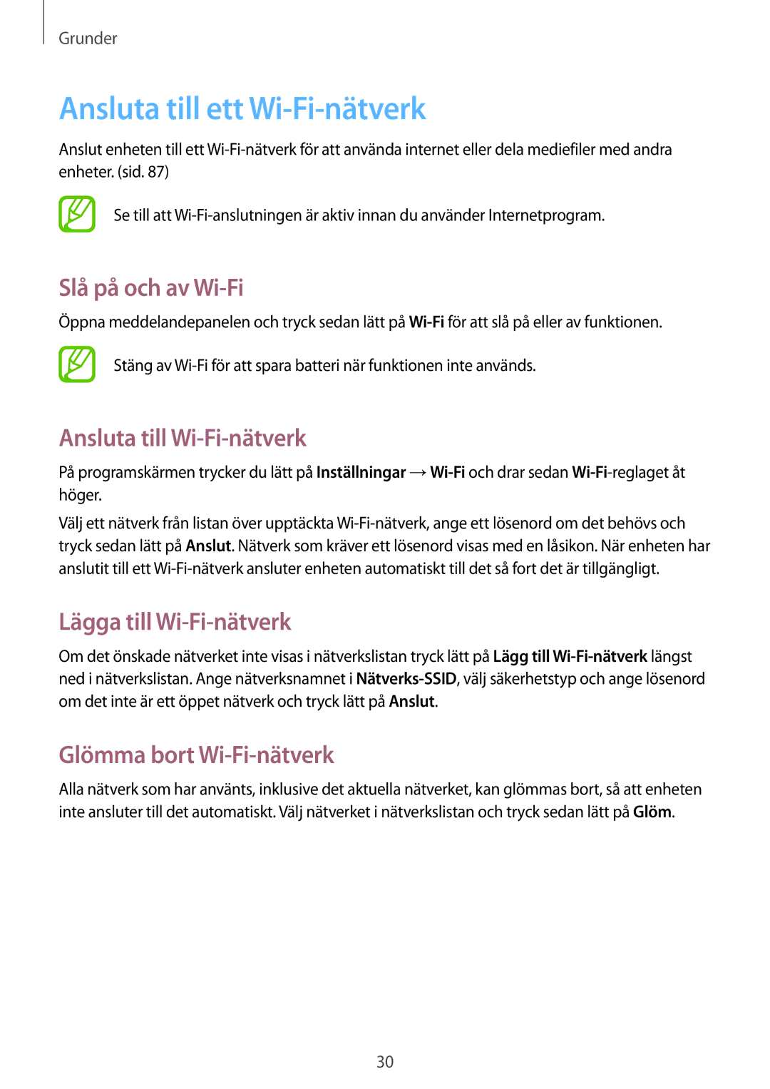 Samsung SM-T111NYKANEE, SM-T111NDWANEE Ansluta till ett Wi-Fi-nätverk, Slå på och av Wi-Fi, Ansluta till Wi-Fi-nätverk 