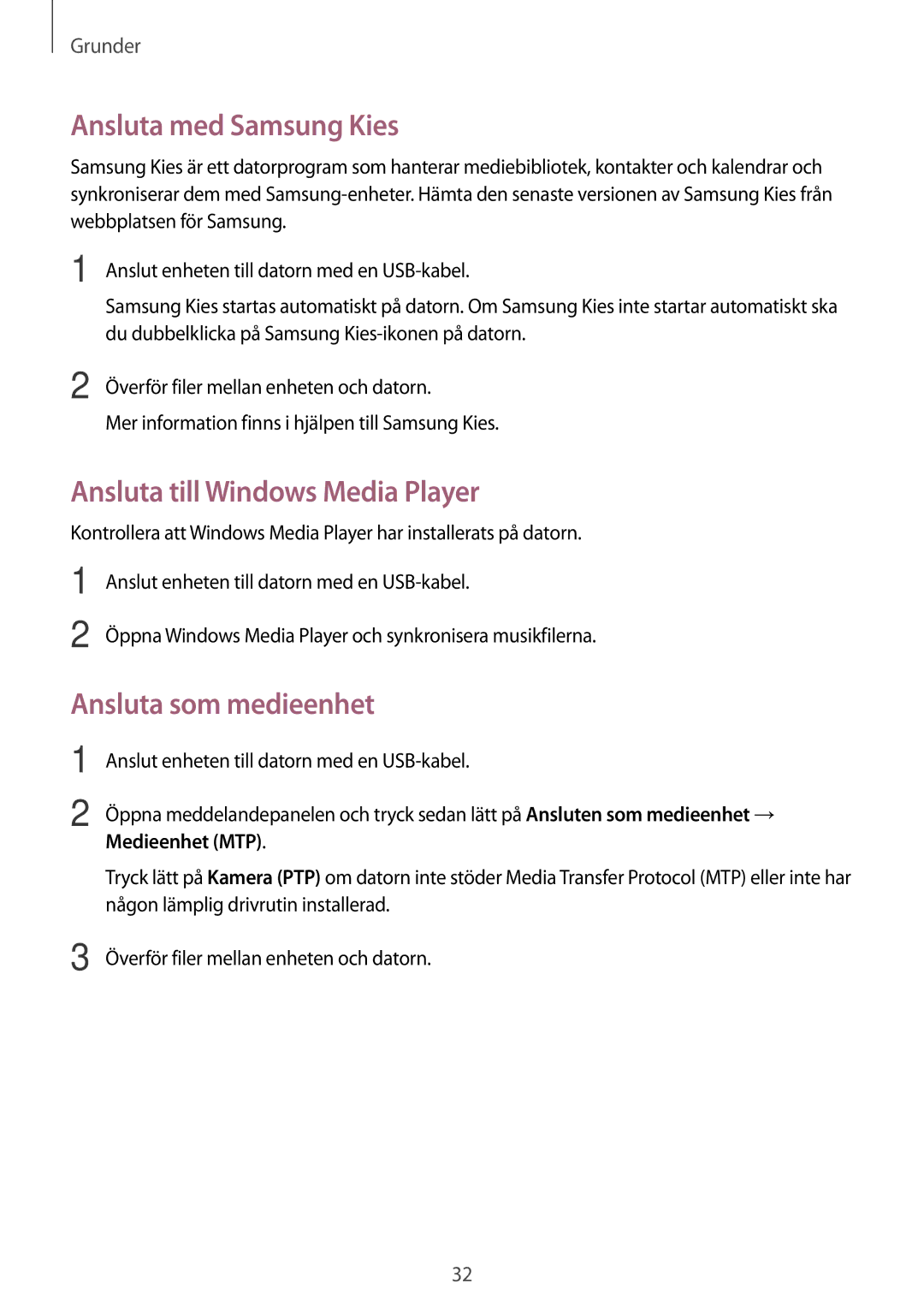 Samsung SM-T111NYKANEE Ansluta med Samsung Kies, Ansluta till Windows Media Player, Ansluta som medieenhet, Medieenhet MTP 