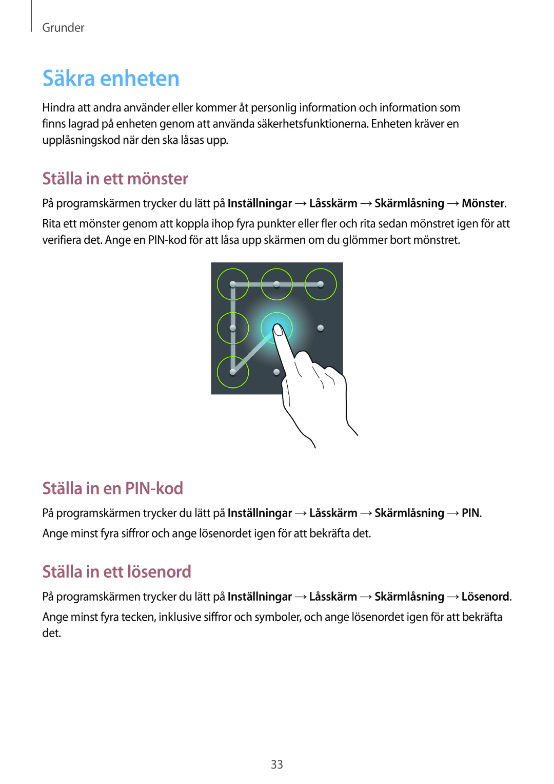 Samsung SM-T111NDWANEE, SM-T111NYKANEE Säkra enheten, Ställa in ett mönster, Ställa in en PIN-kod, Ställa in ett lösenord 