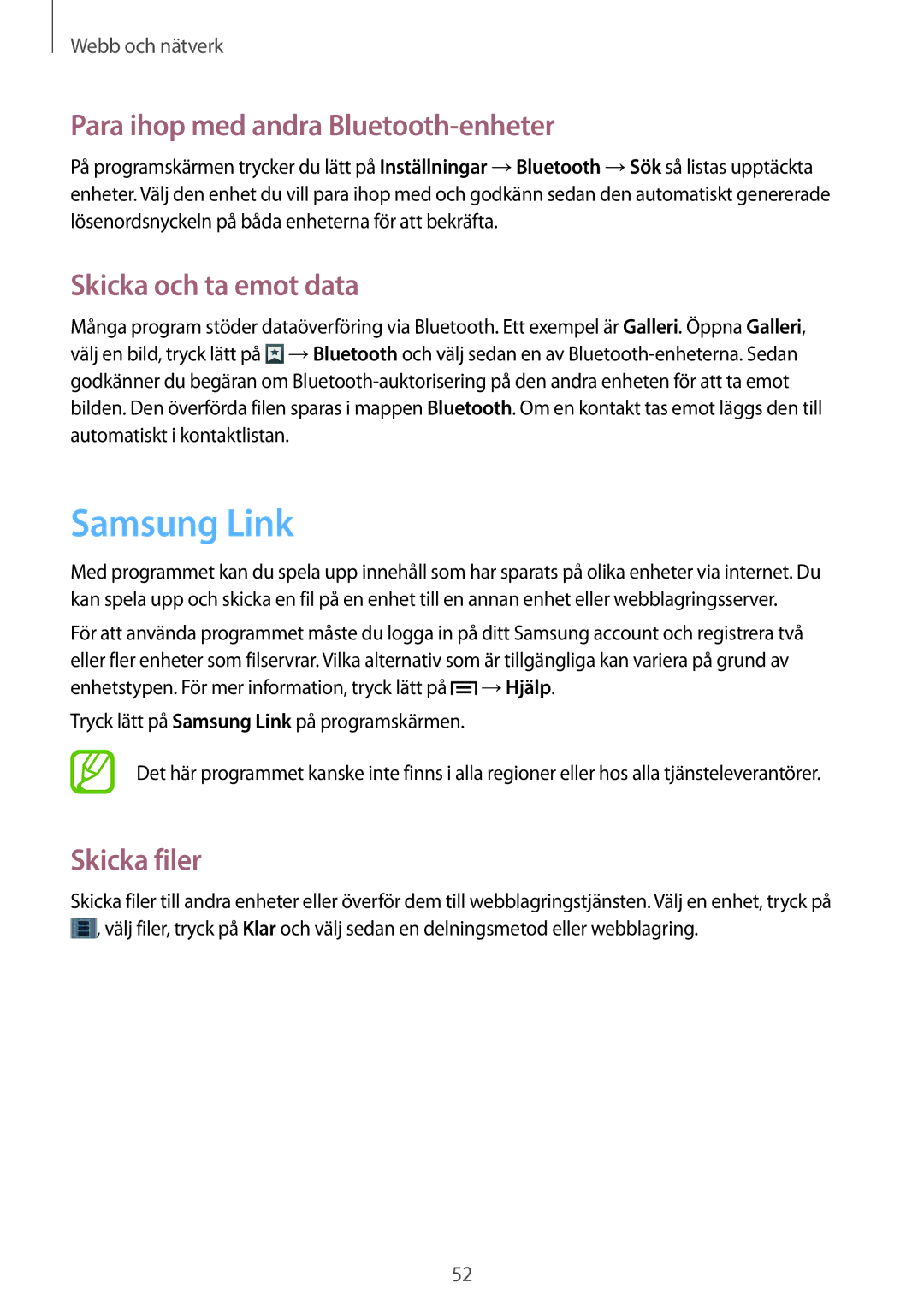 Samsung SM-T111NYKANEE manual Samsung Link, Para ihop med andra Bluetooth-enheter, Skicka och ta emot data, Skicka filer 