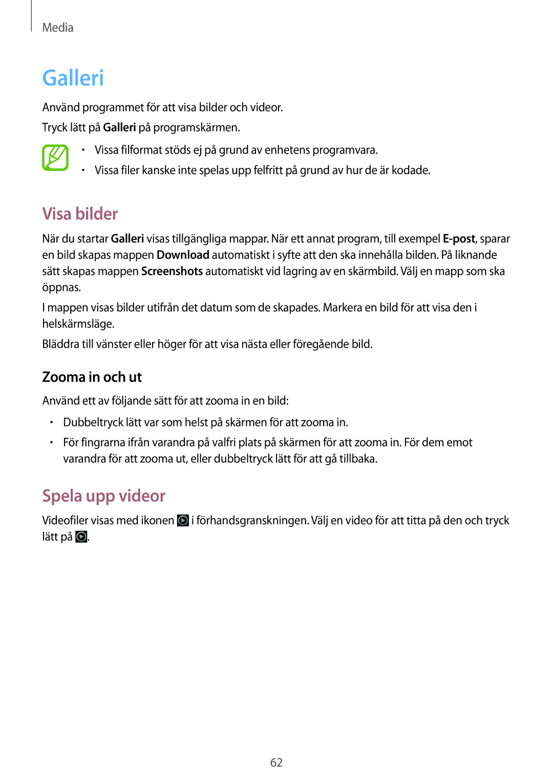 Samsung SM-T111NYKANEE, SM-T111NDWANEE manual Galleri, Visa bilder, Spela upp videor, Zooma in och ut 