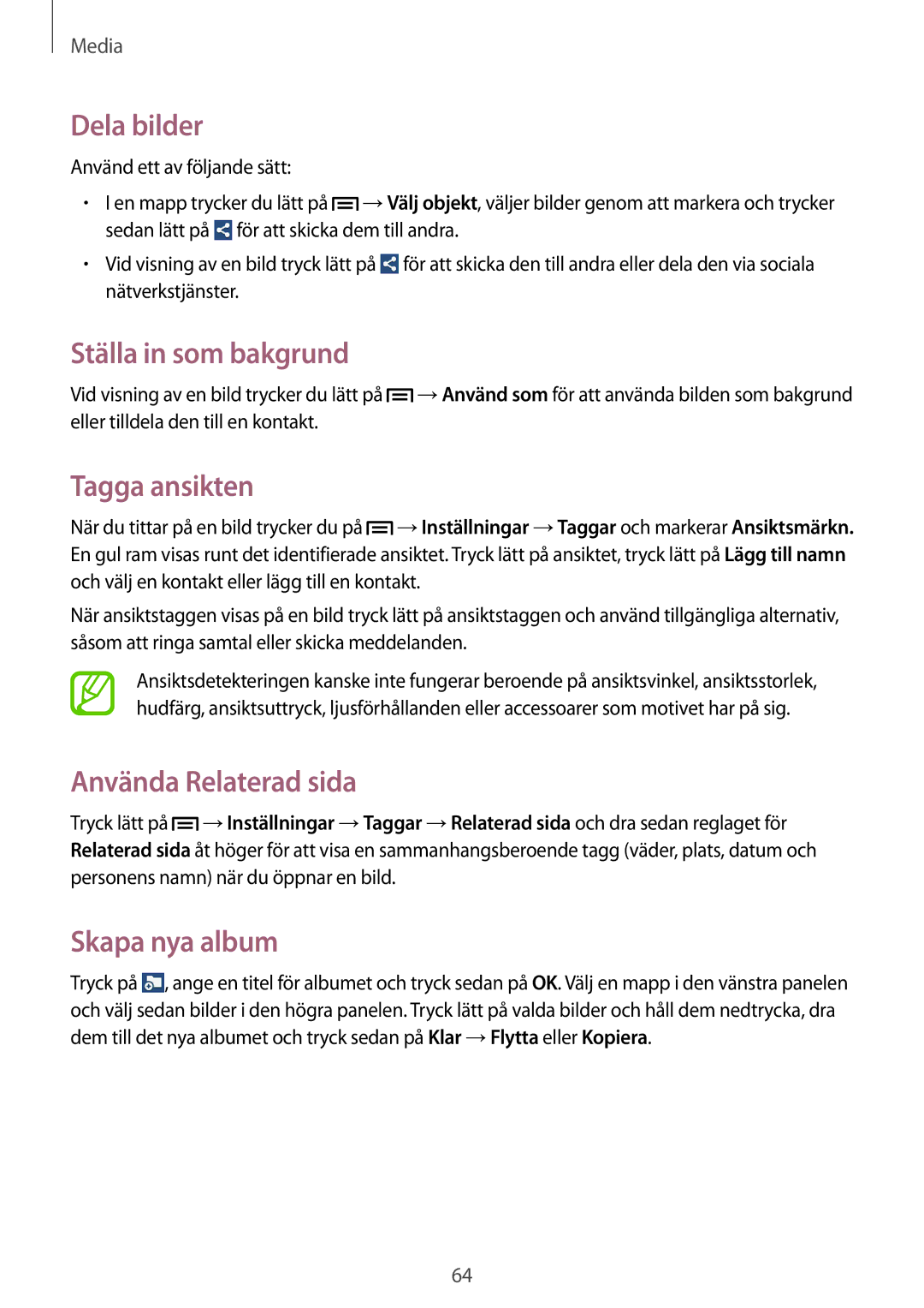 Samsung SM-T111NYKANEE manual Dela bilder, Ställa in som bakgrund, Tagga ansikten, Använda Relaterad sida, Skapa nya album 