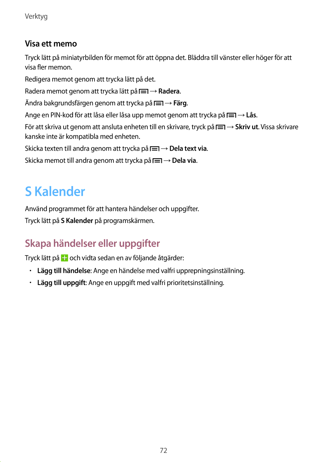 Samsung SM-T111NYKANEE, SM-T111NDWANEE manual Kalender, Skapa händelser eller uppgifter, Visa ett memo 