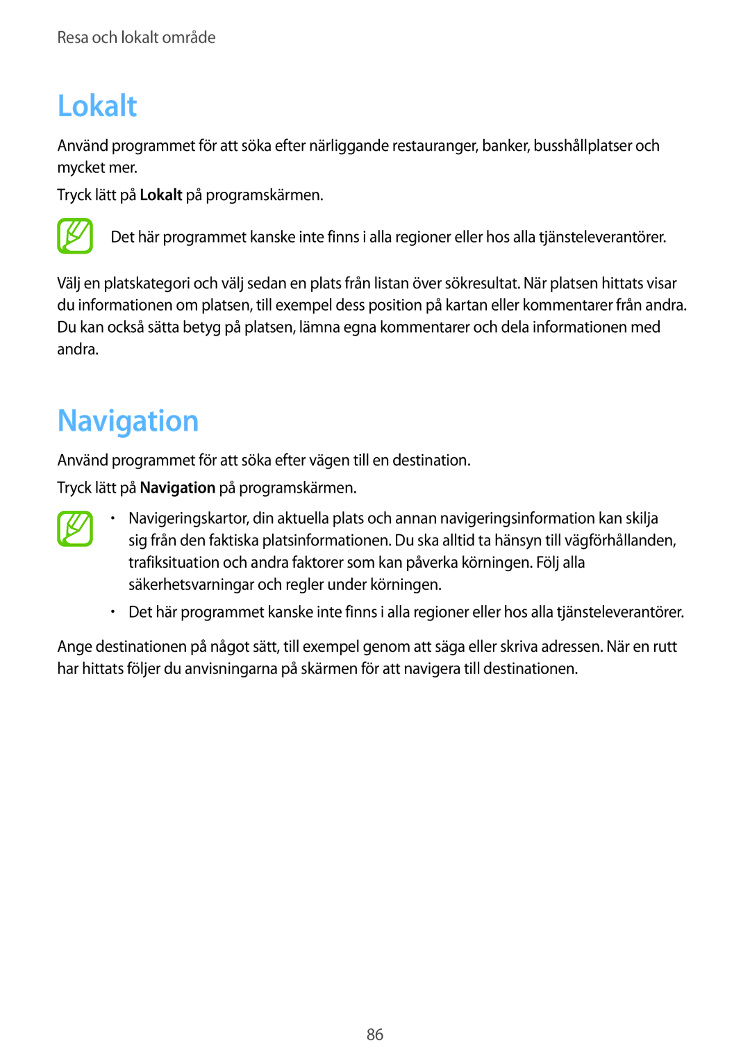 Samsung SM-T111NYKANEE, SM-T111NDWANEE manual Lokalt, Navigation 