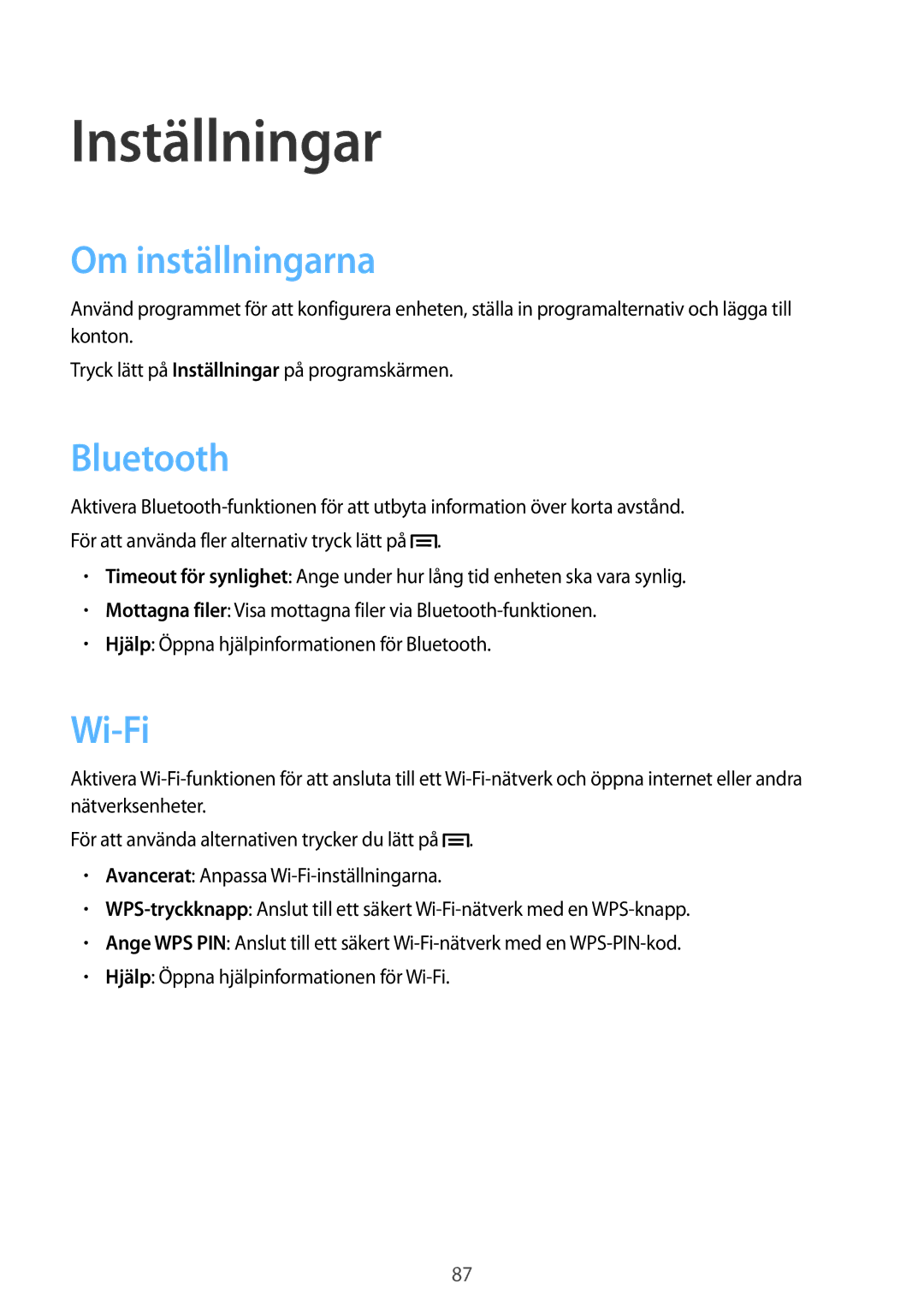 Samsung SM-T111NDWANEE, SM-T111NYKANEE manual Inställningar, Om inställningarna, Wi-Fi 