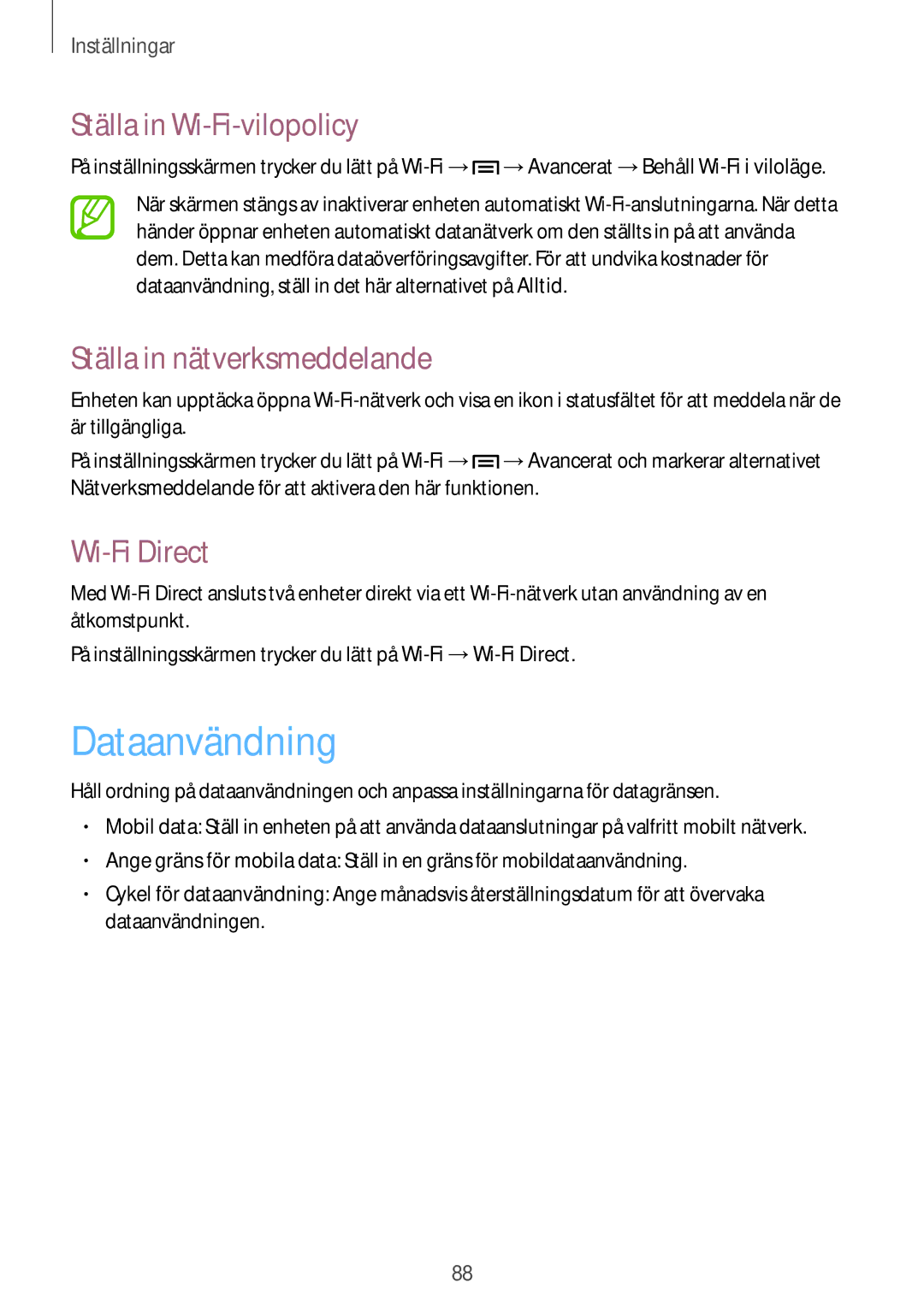 Samsung SM-T111NYKANEE manual Dataanvändning, Ställa in Wi-Fi-vilopolicy, Ställa in nätverksmeddelande, Wi-Fi Direct 