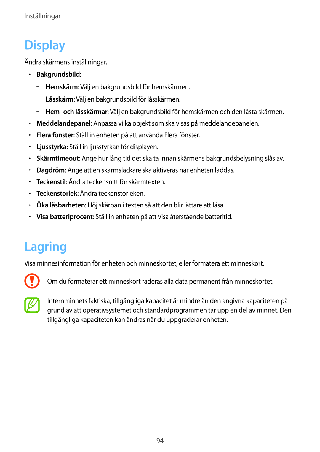 Samsung SM-T111NYKANEE, SM-T111NDWANEE manual Display, Lagring, Bakgrundsbild 