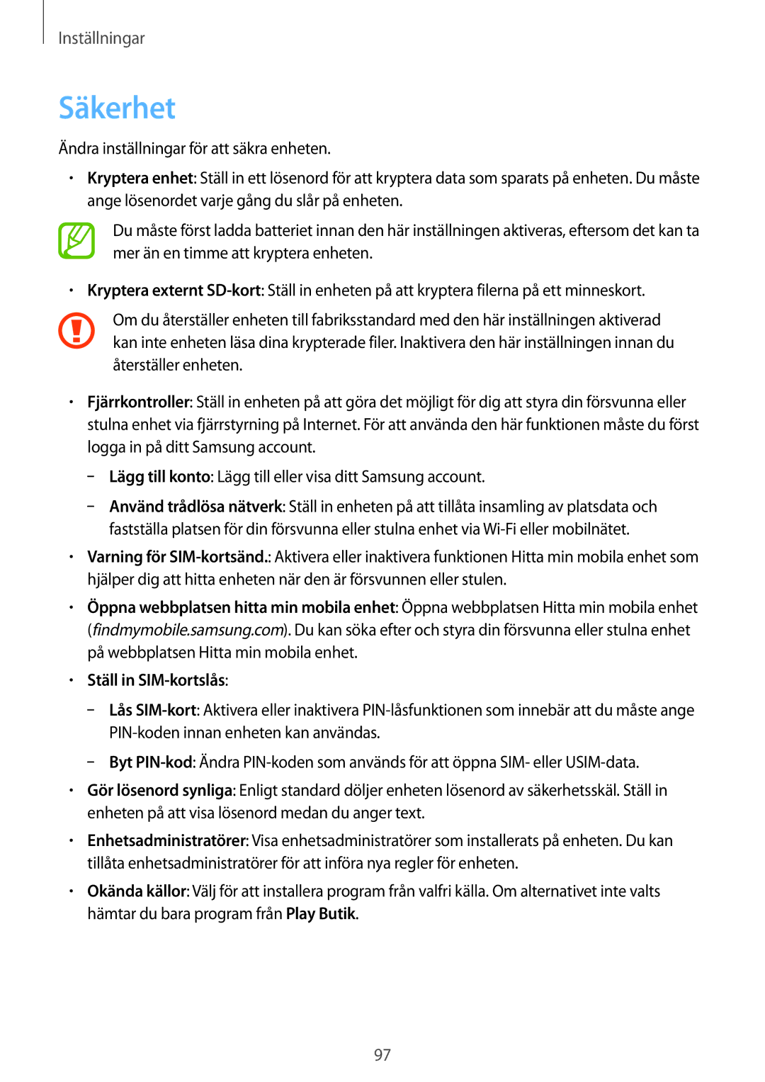 Samsung SM-T111NDWANEE, SM-T111NYKANEE manual Säkerhet 