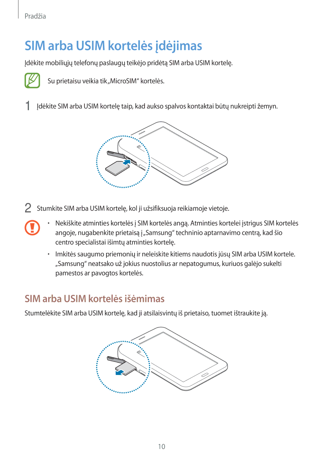 Samsung SM-T111NYKASEB, SM-T111NDWASEB manual SIM arba Usim kortelės įdėjimas, SIM arba Usim kortelės išėmimas 