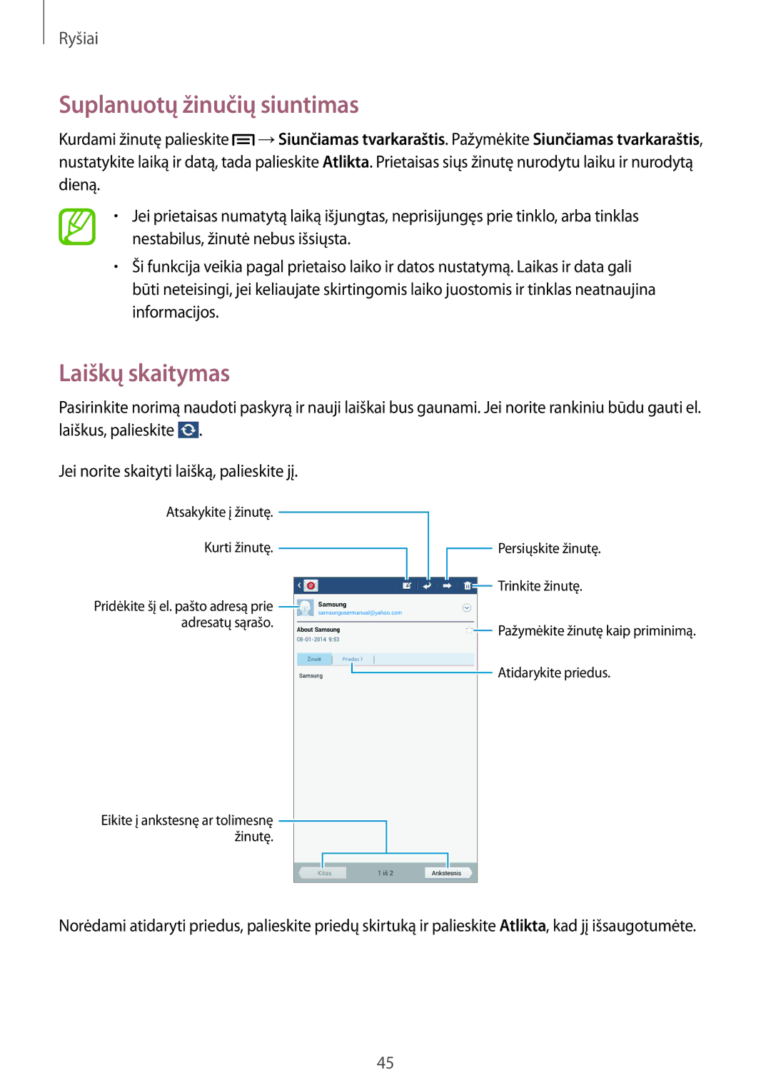 Samsung SM-T111NDWASEB, SM-T111NYKASEB manual Laiškų skaitymas 