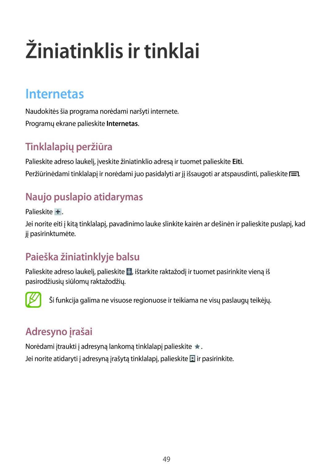 Samsung SM-T111NDWASEB, SM-T111NYKASEB manual Žiniatinklis ir tinklai, Internetas 