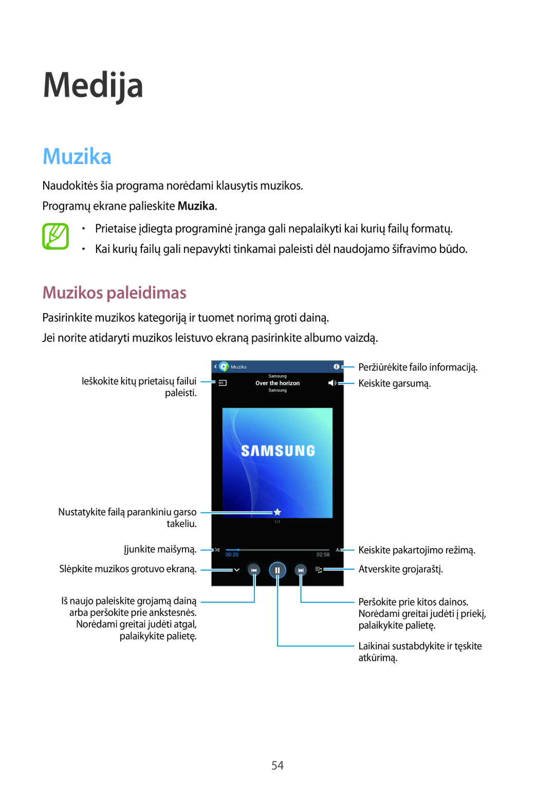 Samsung SM-T111NYKASEB, SM-T111NDWASEB manual Medija, Muzika, Muzikos paleidimas 