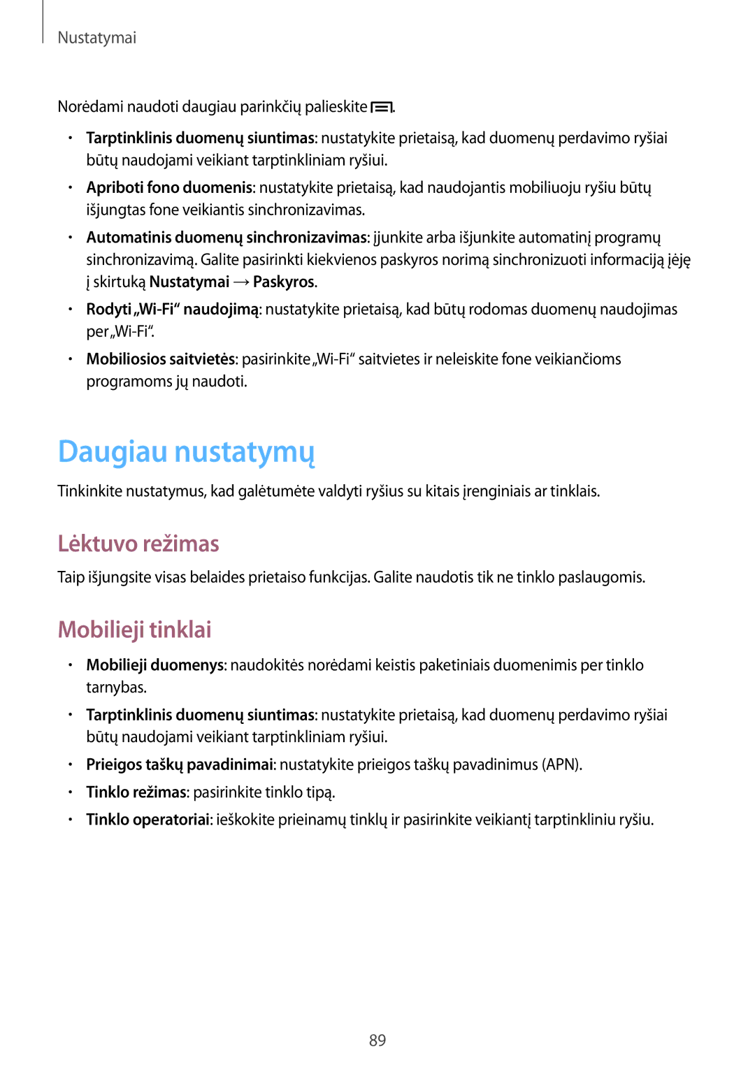 Samsung SM-T111NDWASEB, SM-T111NYKASEB manual Daugiau nustatymų, Lėktuvo režimas, Mobilieji tinklai 