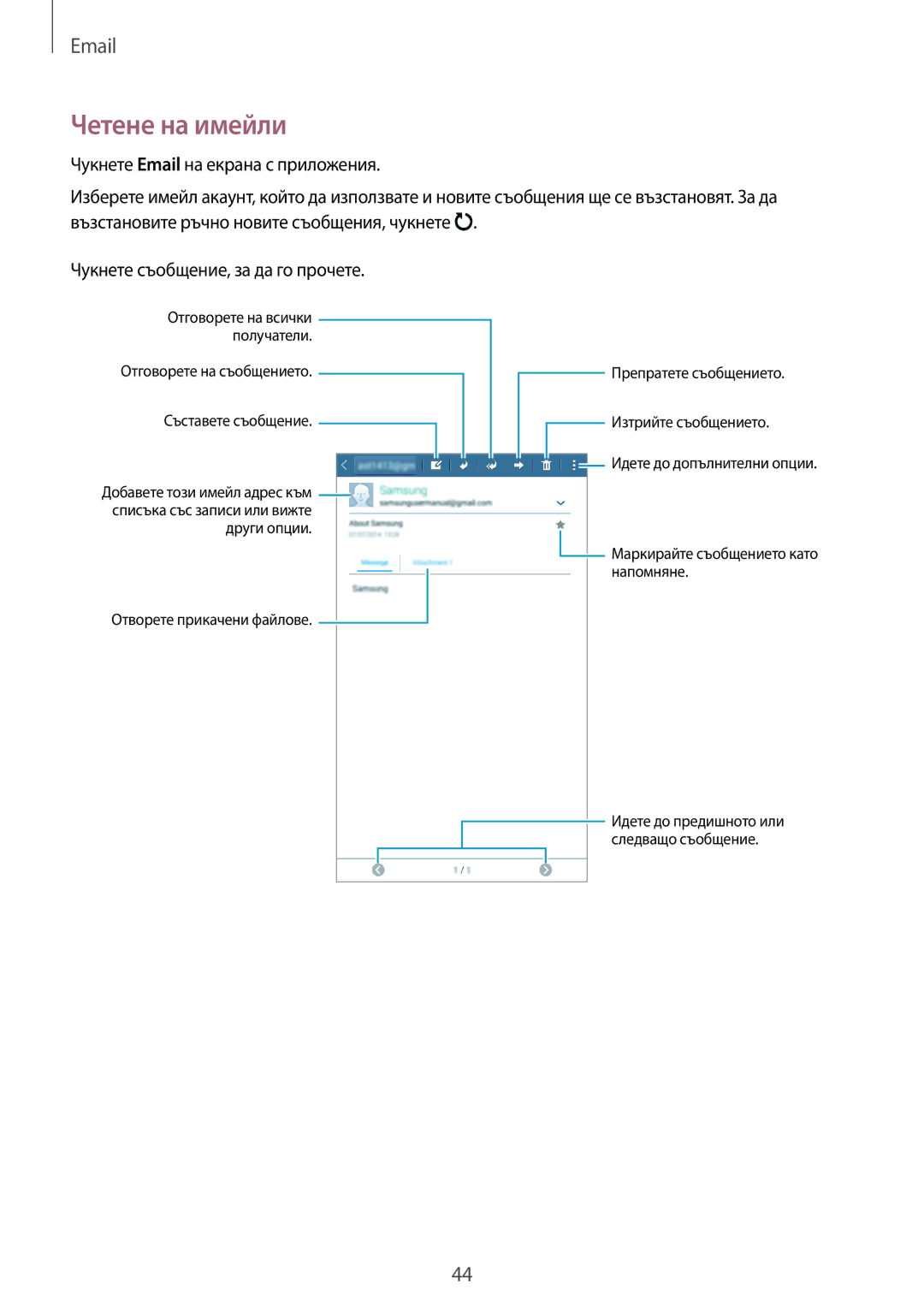 Samsung SM-T113NDWABGL, SM2T113NYKABGL, SM-T113NYKABGL, SM2T113NDWABGL manual Четене на имейли 