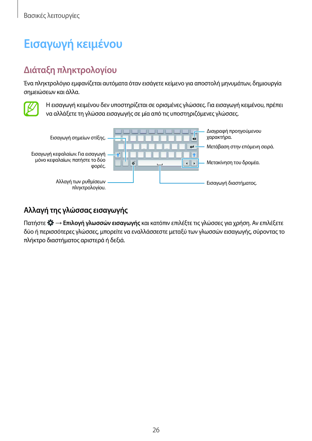 Samsung SM-T113NDWAEUR, SM-T113NYKAEUR manual Εισαγωγή κειμένου, Διάταξη πληκτρολογίου, Αλλαγή της γλώσσας εισαγωγής 