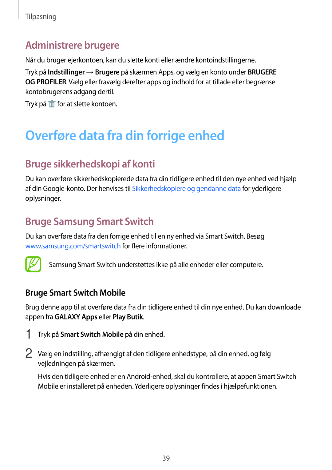 Samsung SM-T113NYKANEE manual Overføre data fra din forrige enhed, Administrere brugere, Bruge sikkerhedskopi af konti 