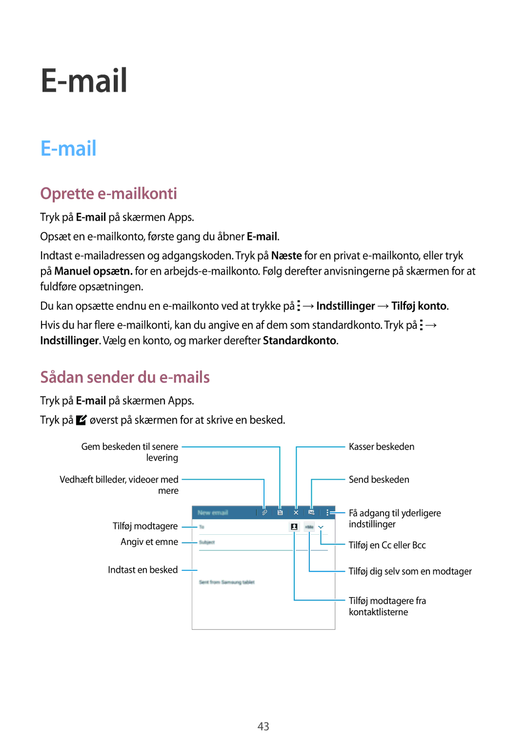 Samsung SM-T113NYKANEE, SM-T113NDWANEE manual Mail, Oprette e-mailkonti, Sådan sender du e-mails 