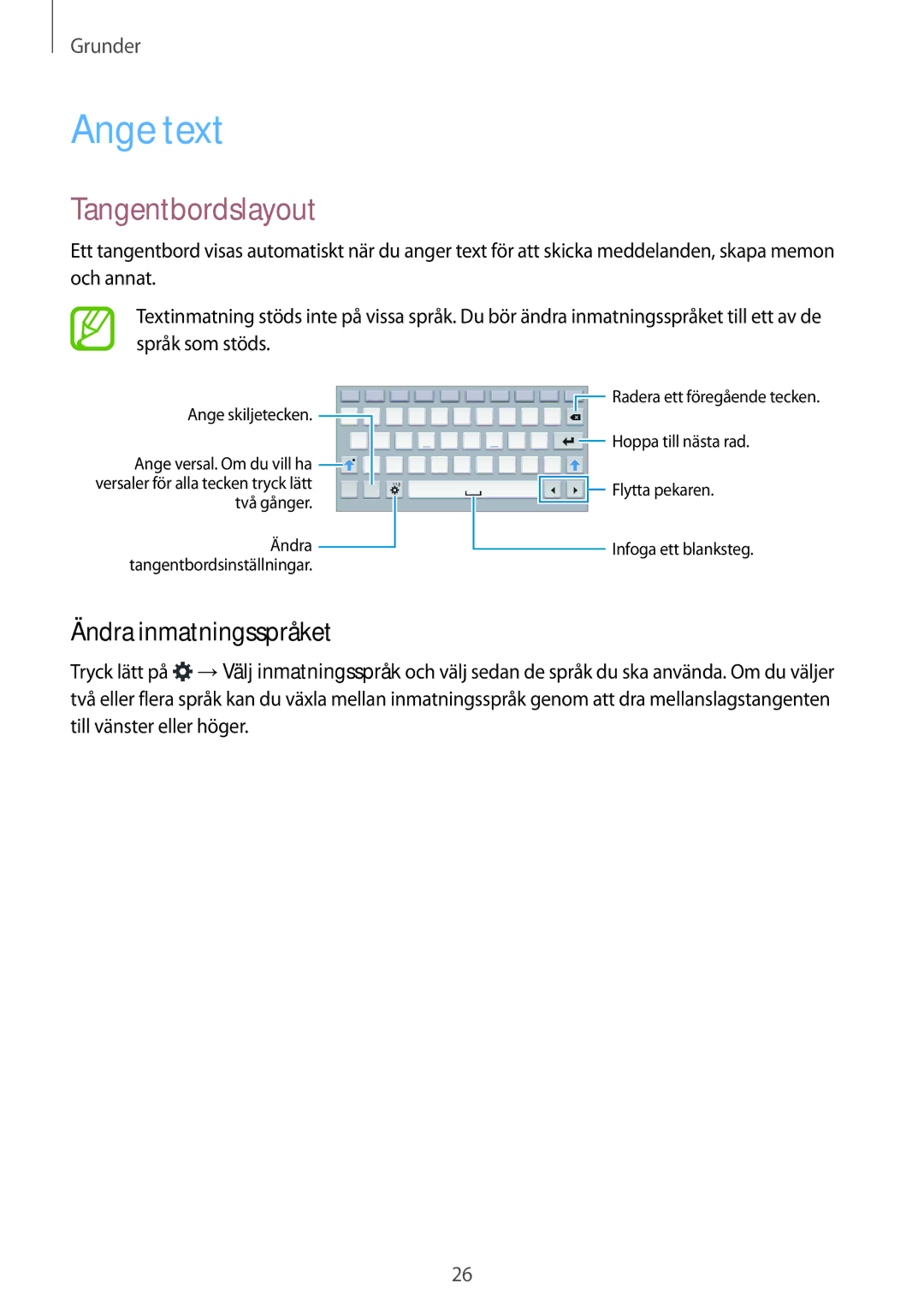 Samsung SM-T113NDWANEE, SM-T113NYKANEE manual Ange text, Tangentbordslayout, Ändra inmatningsspråket 