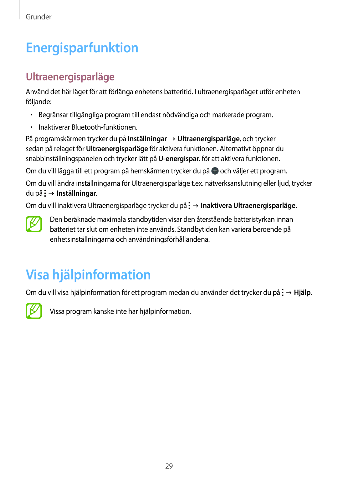 Samsung SM-T113NYKANEE, SM-T113NDWANEE manual Energisparfunktion, Visa hjälpinformation, Ultraenergisparläge 
