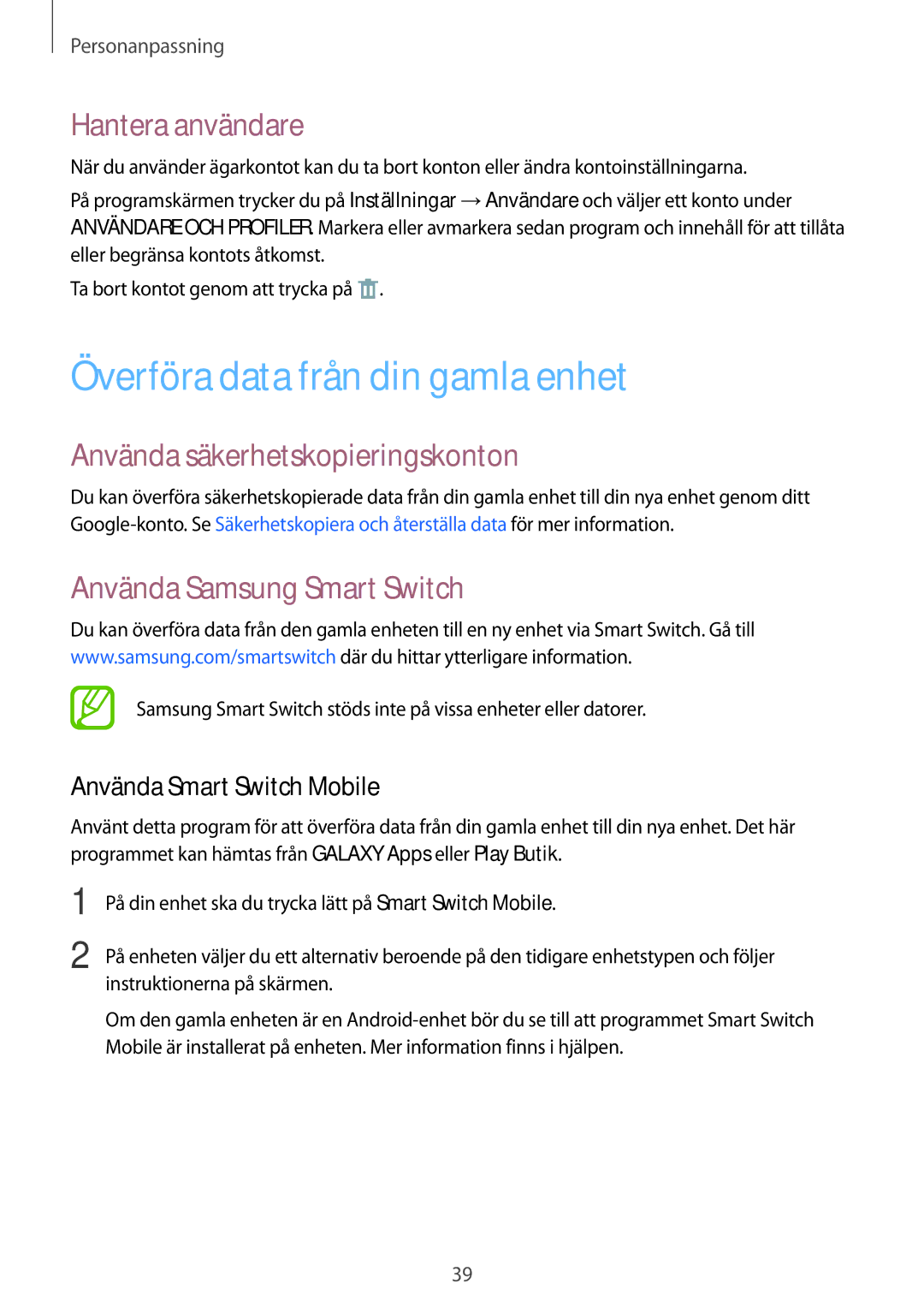 Samsung SM-T113NYKANEE manual Överföra data från din gamla enhet, Hantera användare, Använda säkerhetskopieringskonton 
