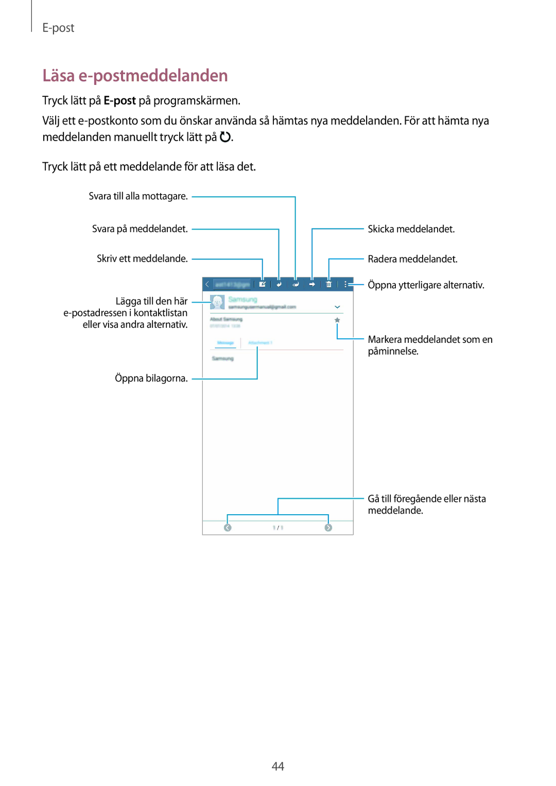 Samsung SM-T113NDWANEE, SM-T113NYKANEE manual Läsa e-postmeddelanden 