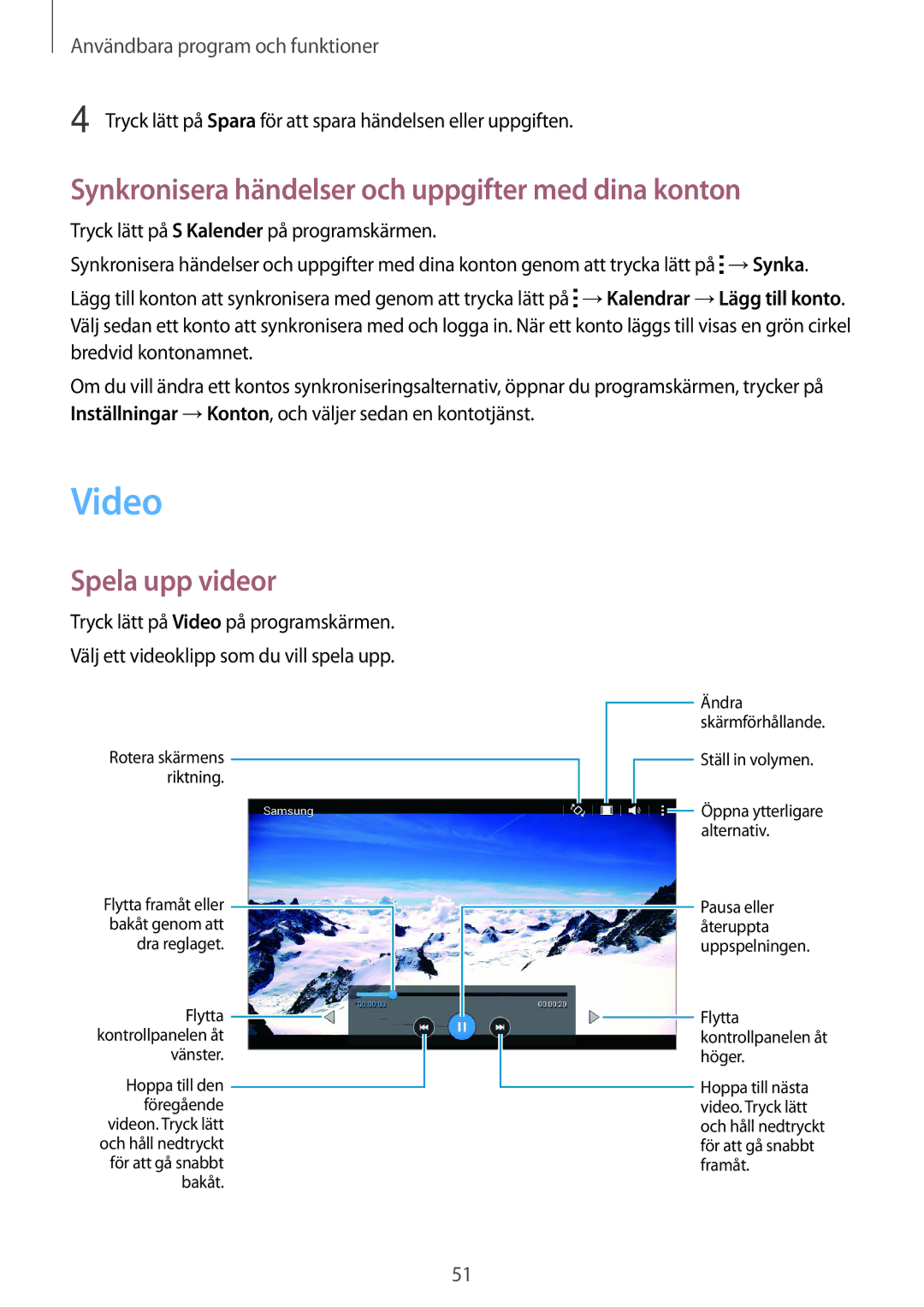 Samsung SM-T113NYKANEE, SM-T113NDWANEE manual Video, Synkronisera händelser och uppgifter med dina konton, Spela upp videor 