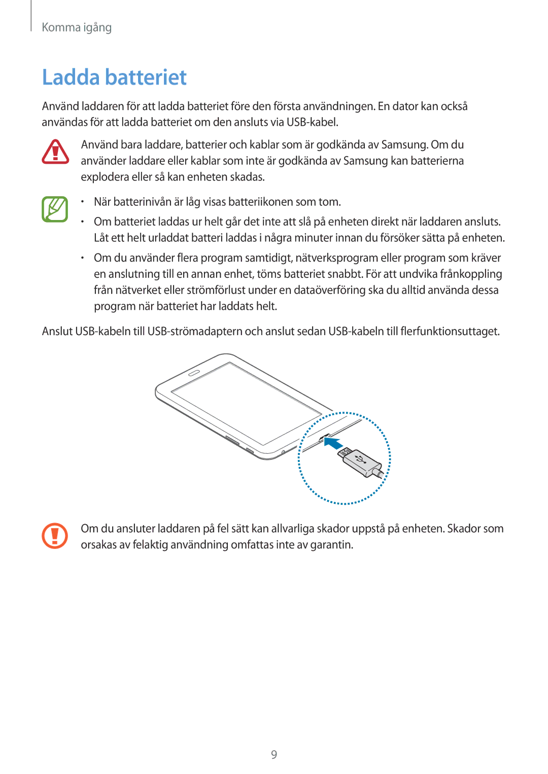 Samsung SM-T113NYKANEE, SM-T113NDWANEE manual Ladda batteriet 