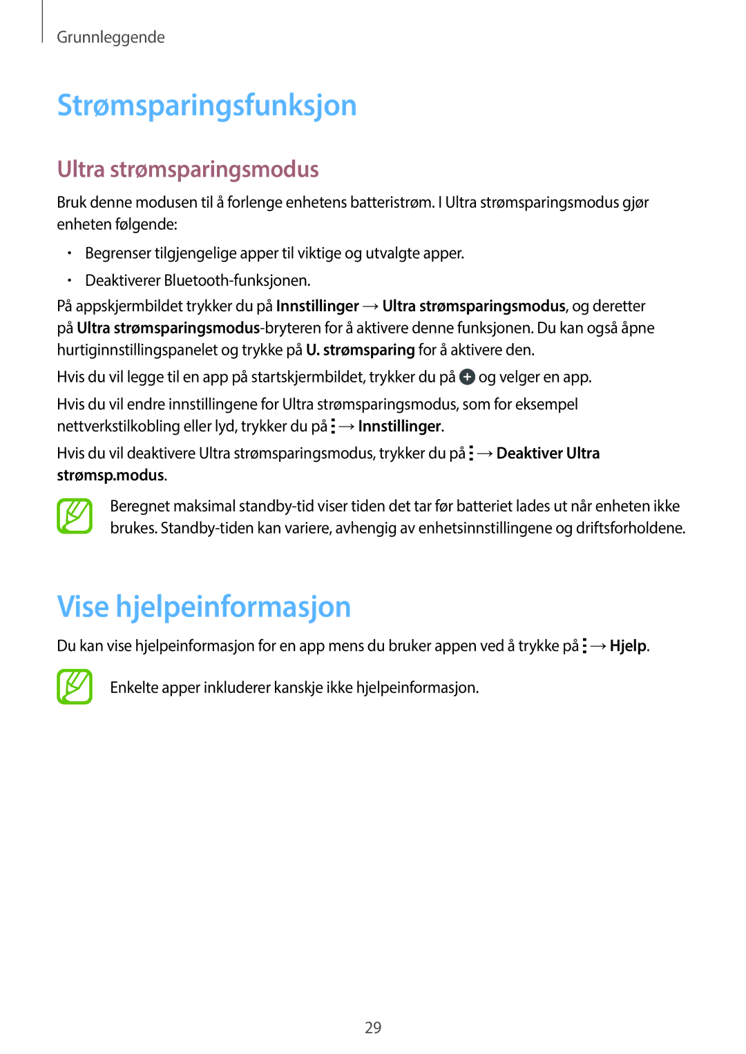 Samsung SM-T113NYKANEE, SM-T113NDWANEE manual Strømsparingsfunksjon, Vise hjelpeinformasjon, Ultra strømsparingsmodus 