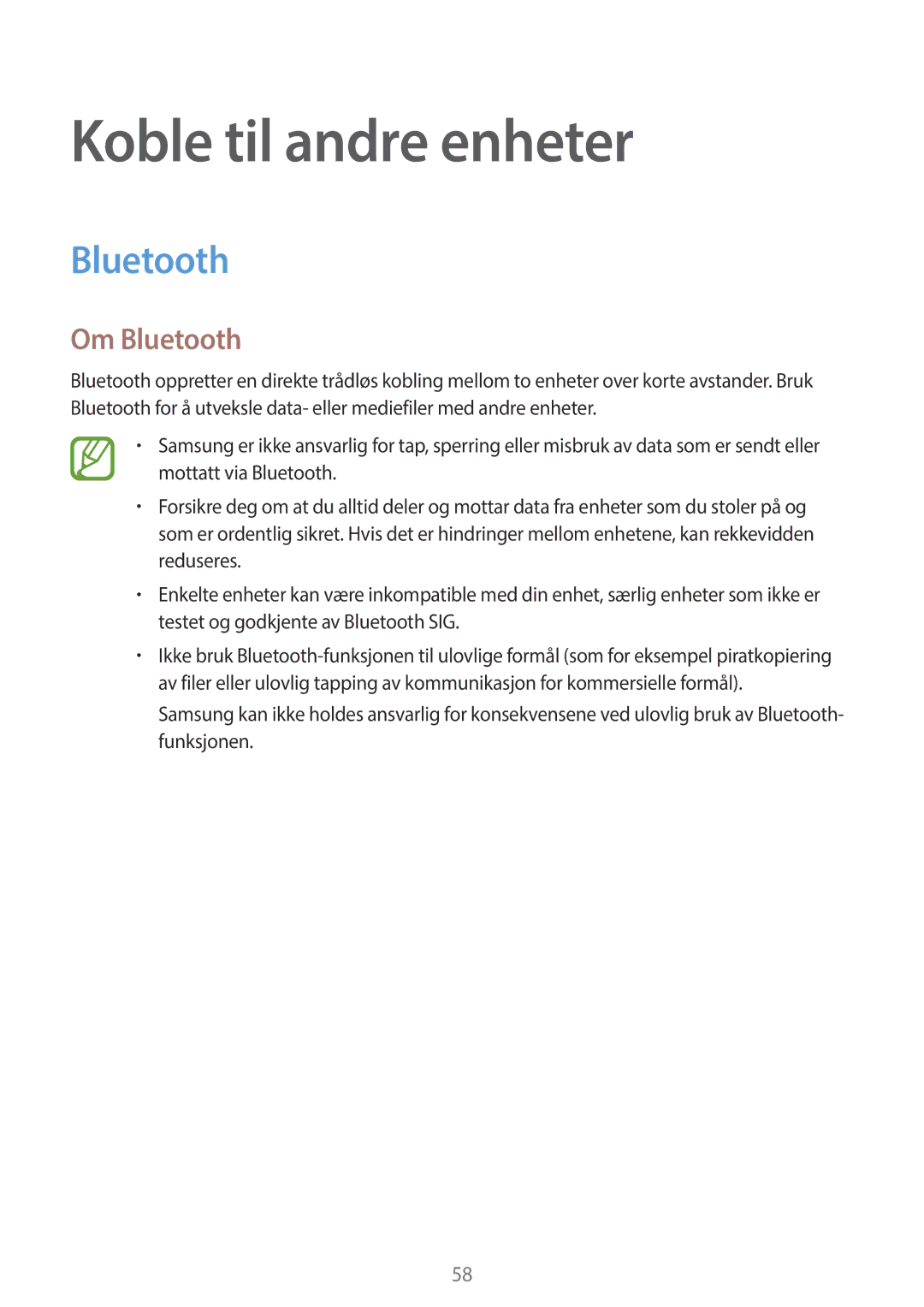 Samsung SM-T113NDWANEE, SM-T113NYKANEE manual Koble til andre enheter, Om Bluetooth 