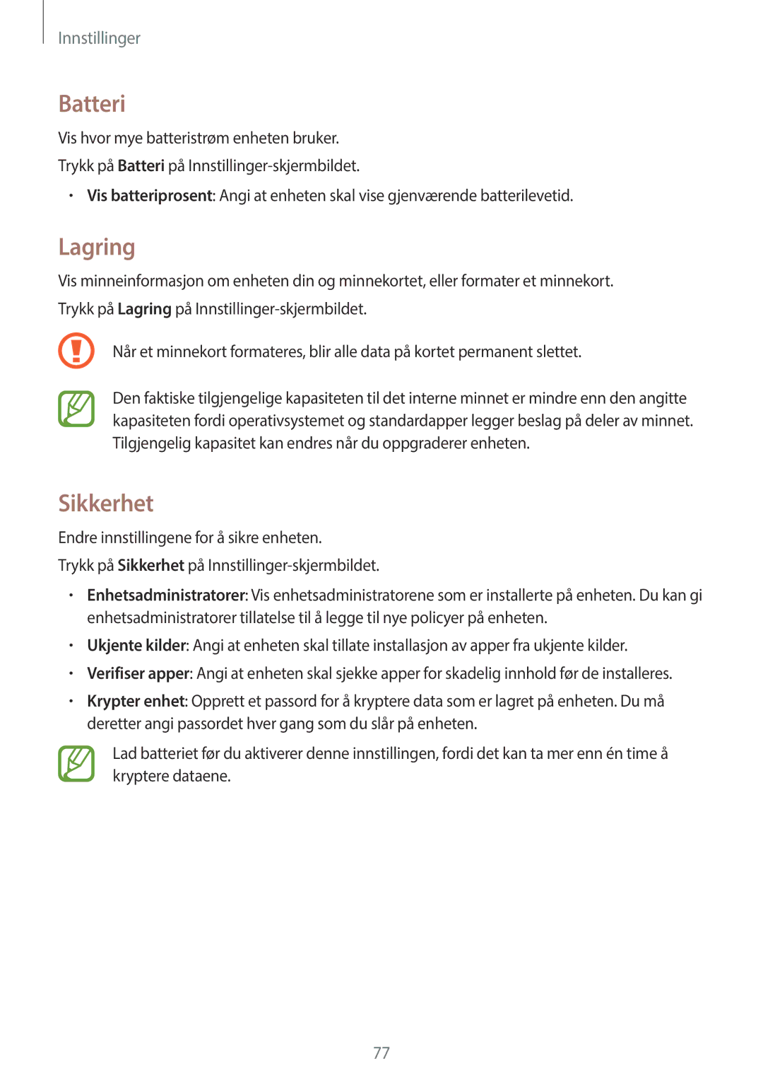 Samsung SM-T113NYKANEE, SM-T113NDWANEE manual Batteri, Lagring, Sikkerhet 