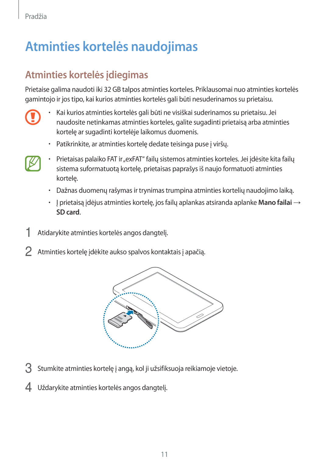 Samsung SM-T113NYKASEB, SM-T113NDWASEB manual Atminties kortelės naudojimas, Atminties kortelės įdiegimas 