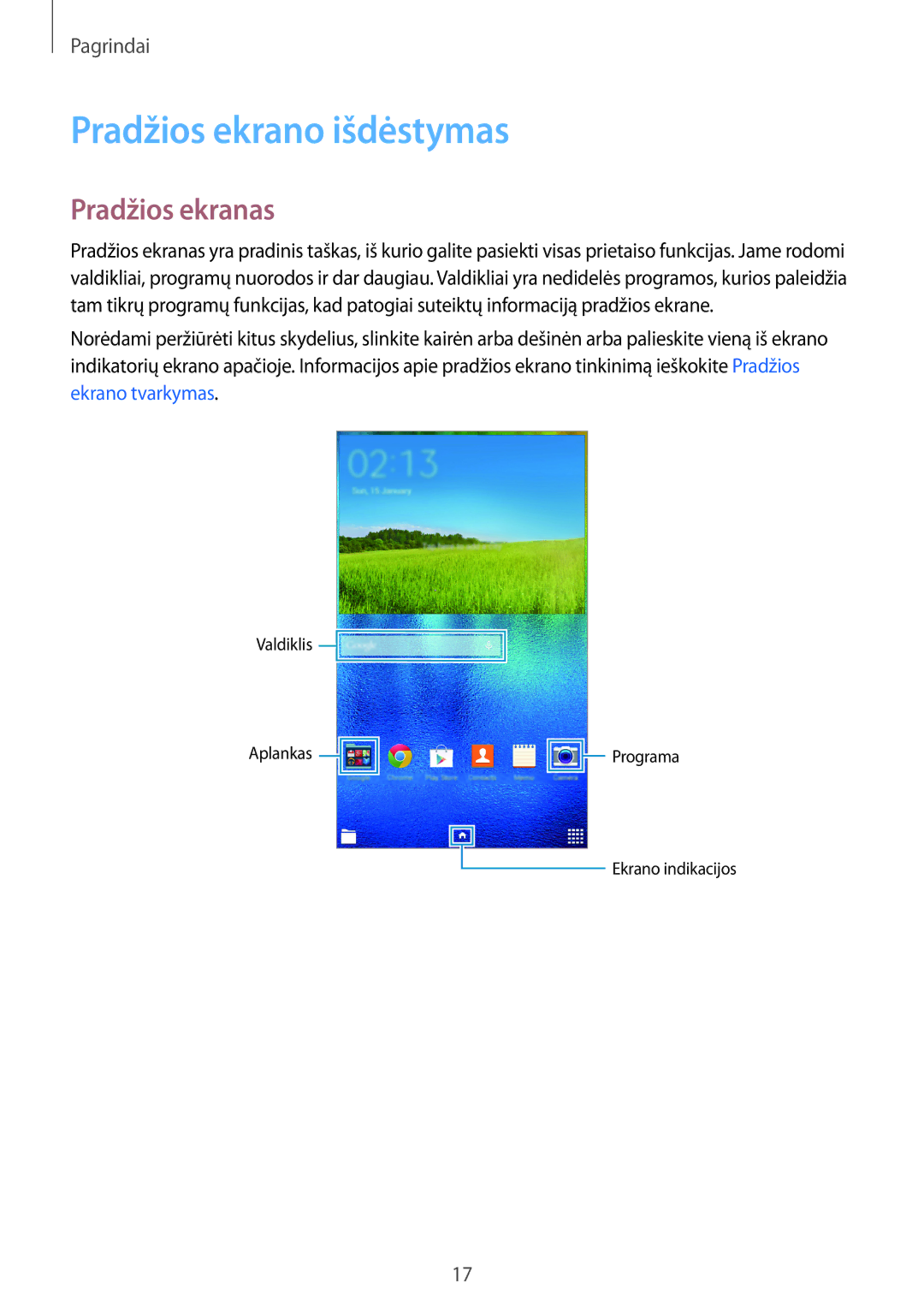 Samsung SM-T113NYKASEB, SM-T113NDWASEB manual Pradžios ekrano išdėstymas, Pradžios ekranas 