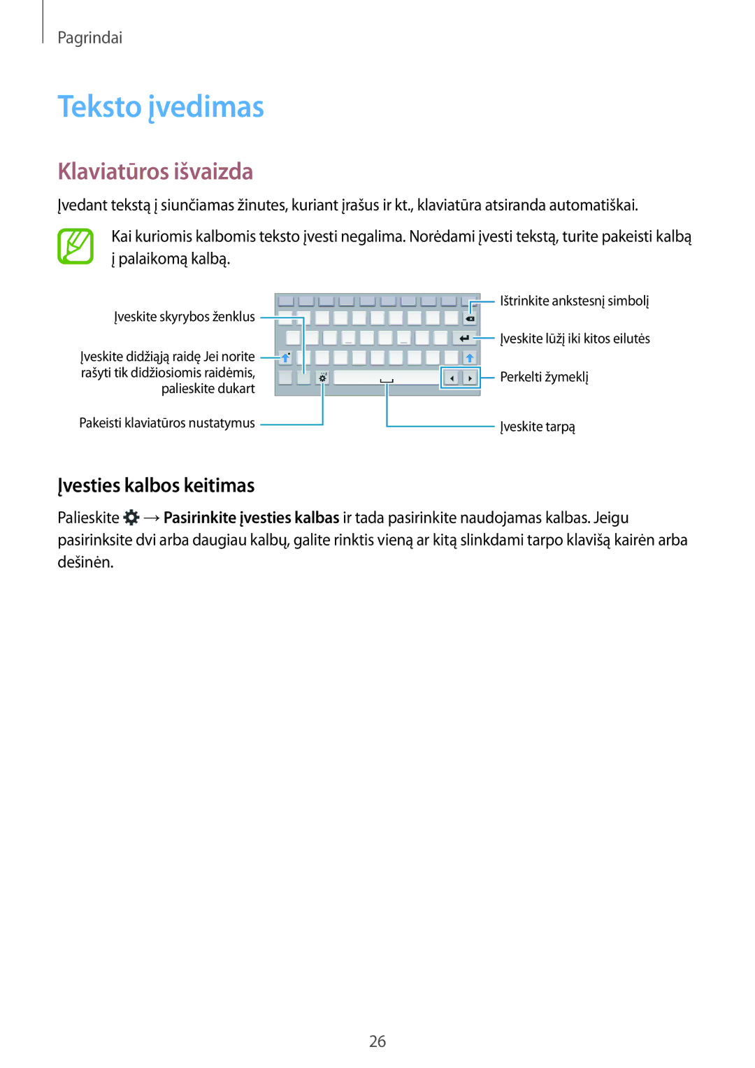 Samsung SM-T113NDWASEB, SM-T113NYKASEB manual Teksto įvedimas, Klaviatūros išvaizda, Įvesties kalbos keitimas 