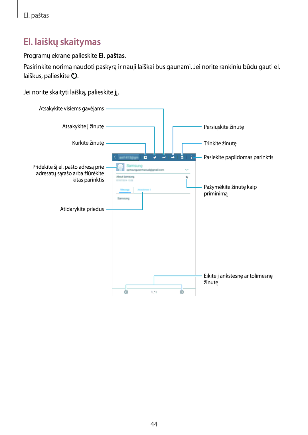 Samsung SM-T113NDWASEB, SM-T113NYKASEB manual El. laiškų skaitymas 