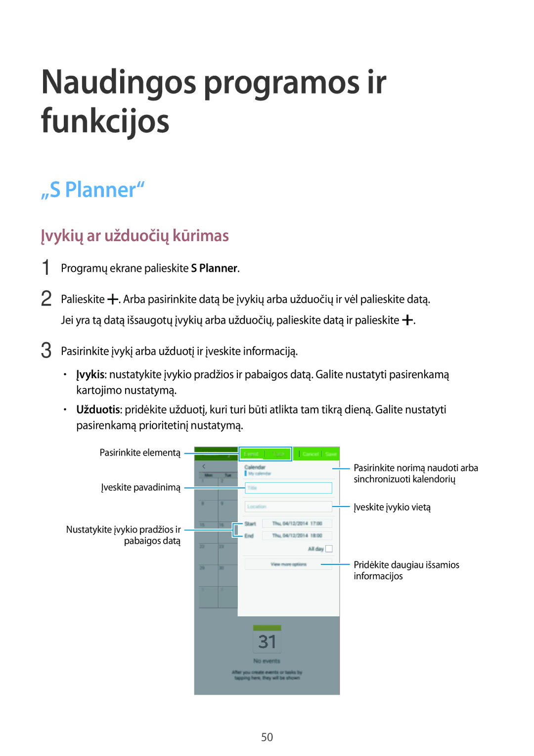 Samsung SM-T113NDWASEB, SM-T113NYKASEB manual „S Planner, Įvykių ar užduočių kūrimas 