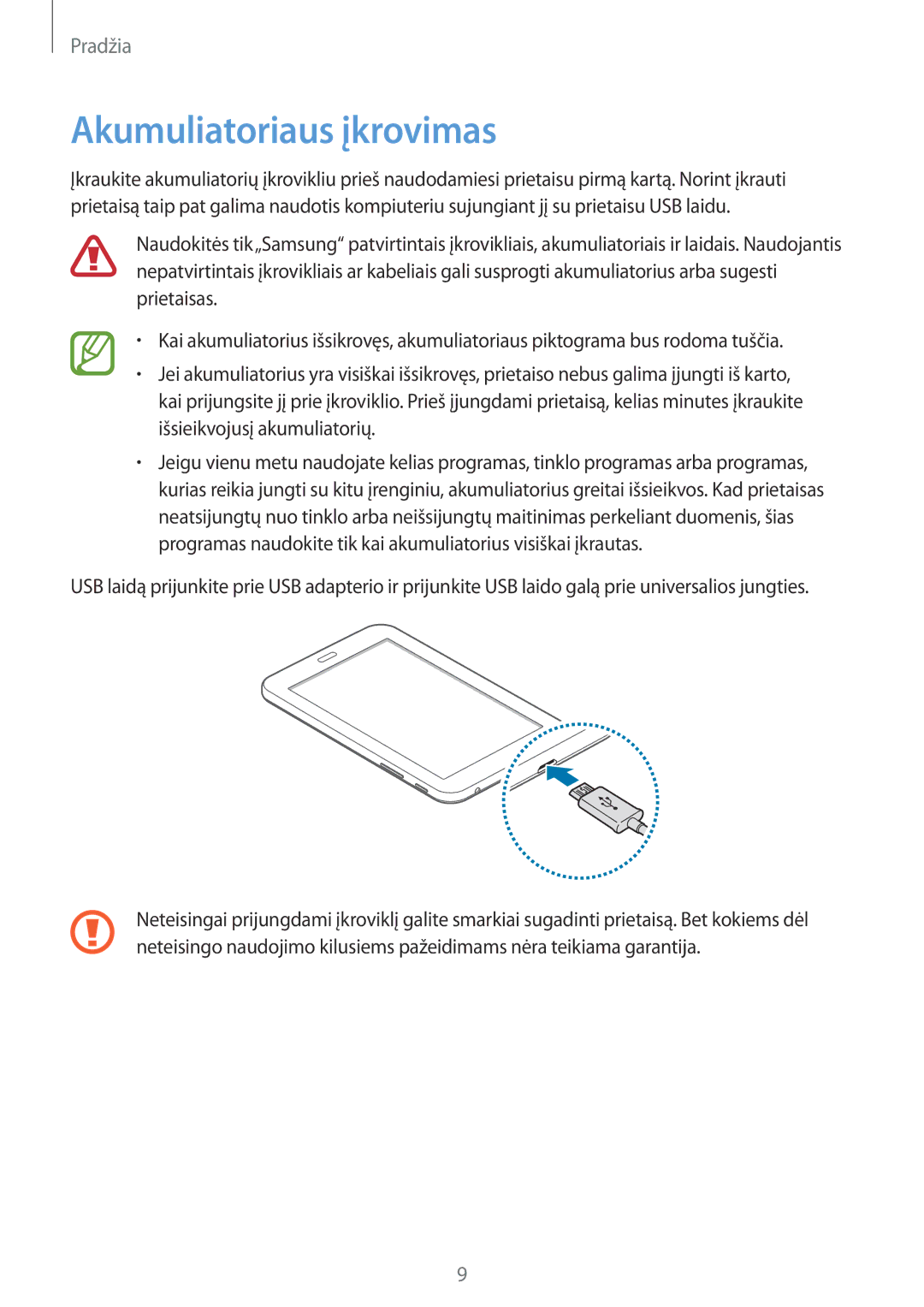 Samsung SM-T113NYKASEB, SM-T113NDWASEB manual Akumuliatoriaus įkrovimas 