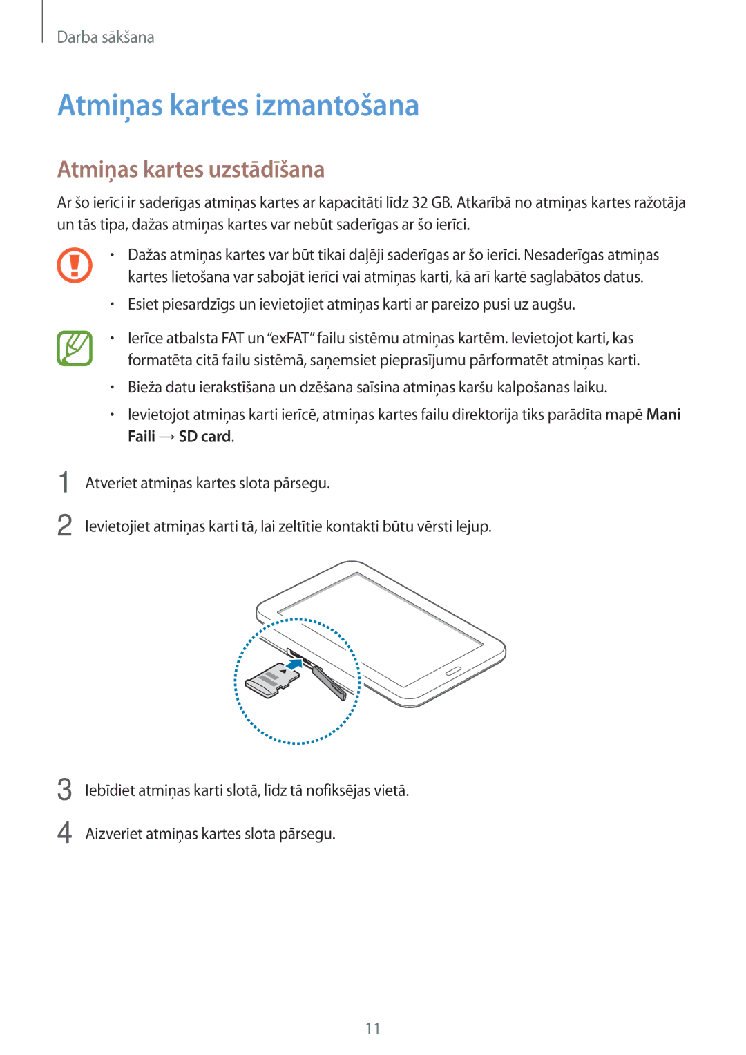 Samsung SM-T113NYKASEB, SM-T113NDWASEB manual Atmiņas kartes izmantošana, Atmiņas kartes uzstādīšana 