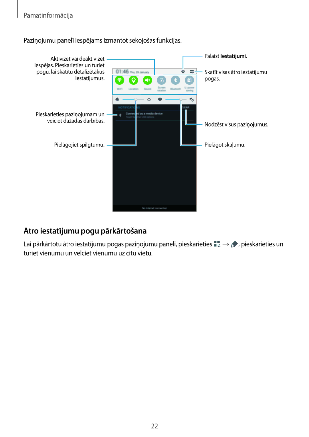 Samsung SM-T113NDWASEB manual Ātro iestatījumu pogu pārkārtošana, Paziņojumu panelī iespējams izmantot sekojošas funkcijas 